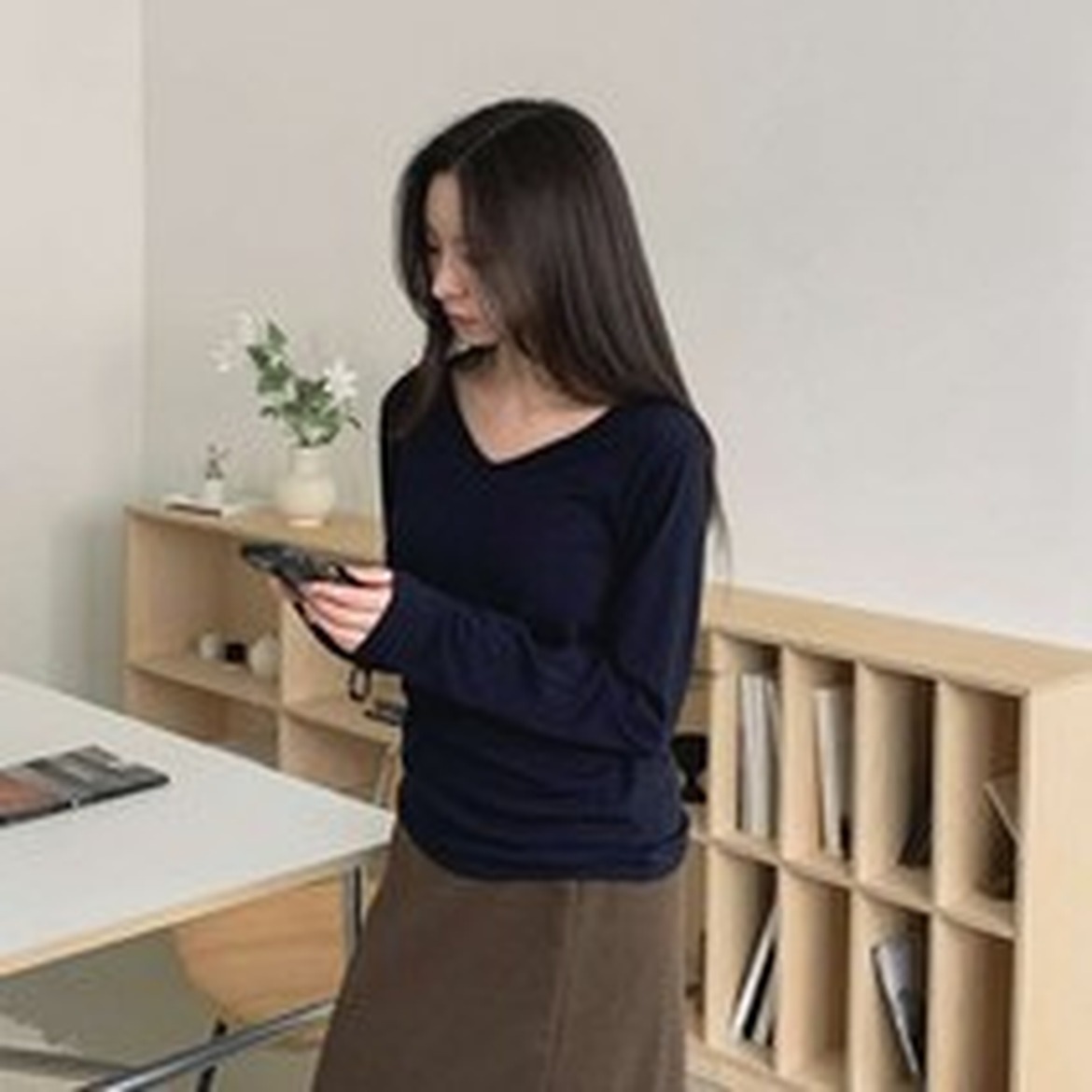 안다로미 여성용 기모 스판 피치브이 티셔츠, 편안한 착용감으로 데일리룩 완성