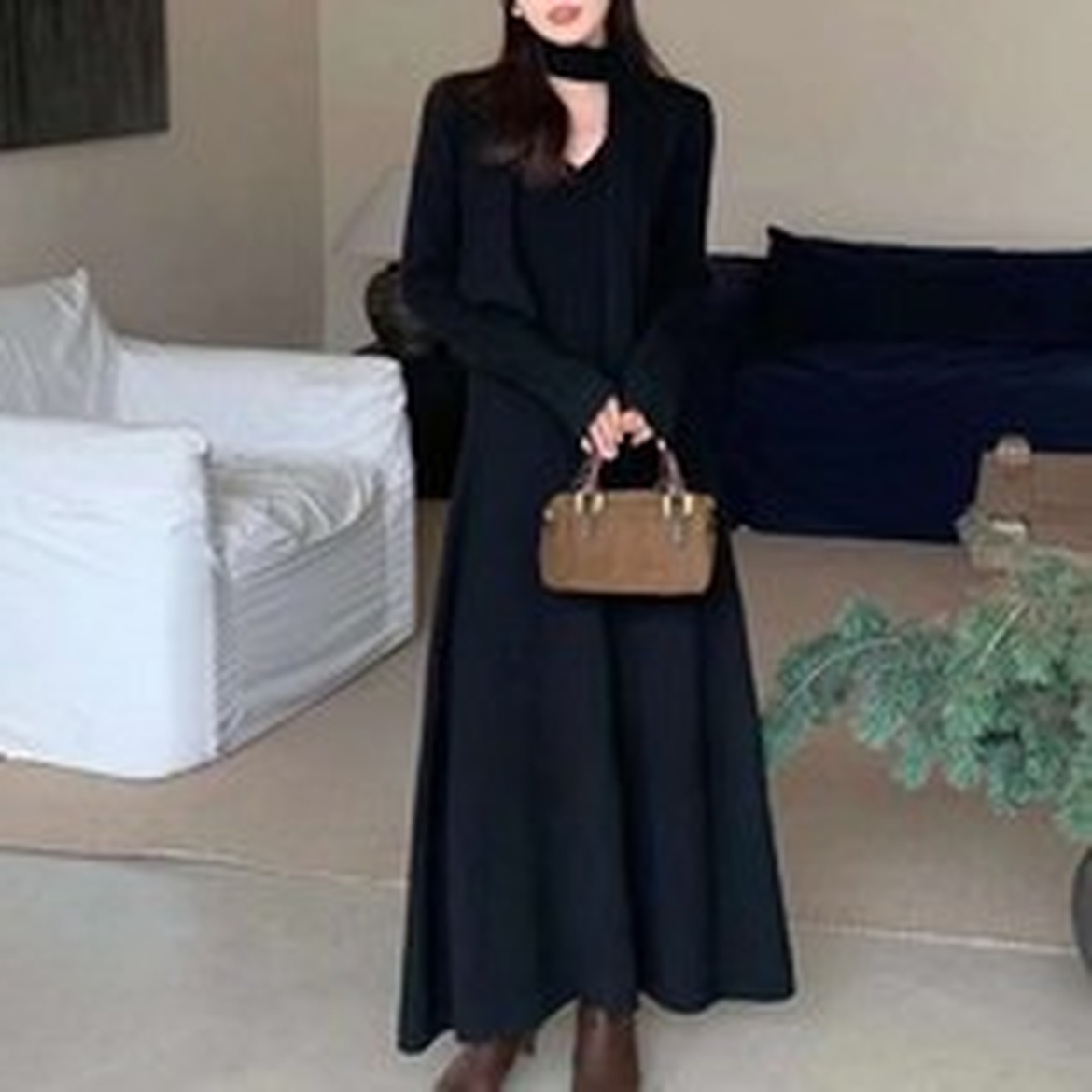 머플러 세트 브이넥 니트 롱원피스 여리여리한 스타일