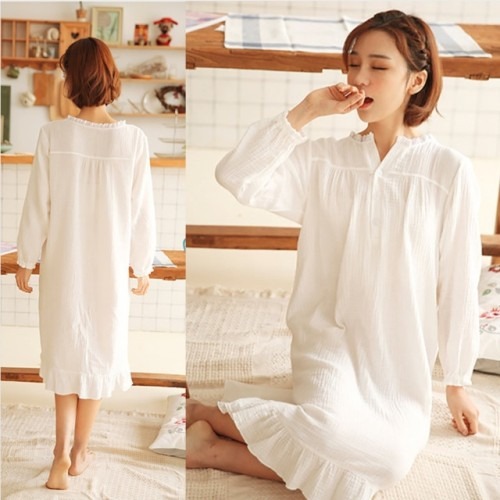 여자 반팔 긴팔 가을 롱 원피스 잠옷 후기 | 순면 레이스 프릴 핑크 홈웨어