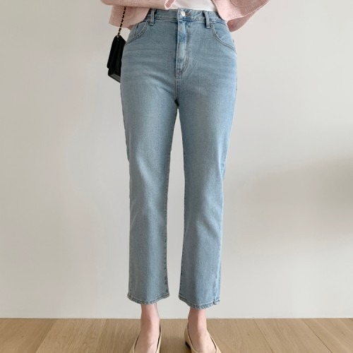 하이웨스트 캣워싱 스판 일자 청바지