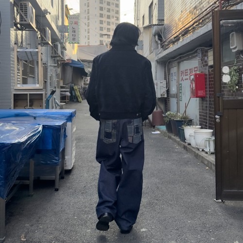사계절 활용하기 좋은 남자 체크 배색 와이드 데님 팬츠
