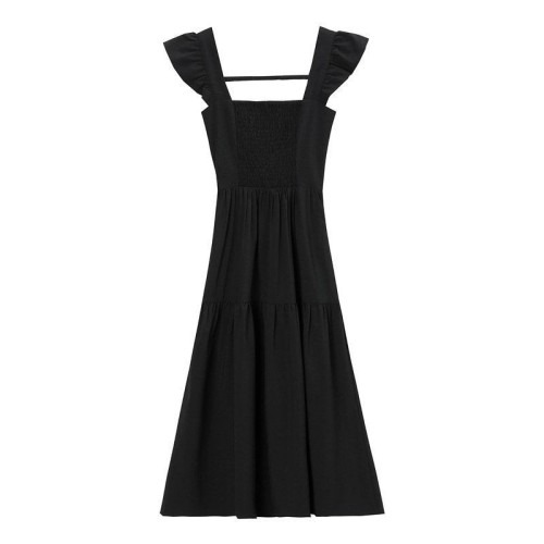 스퀘어넥 스모킹 밴딩 롱 원피스 | 프릴소매와 티어드 디자인으로 여름 휴양지룩 완벽