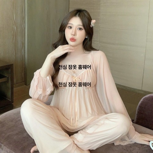 긴팔 캡내장 잠옷 슬렌더 슬림핏 프릴 시스루