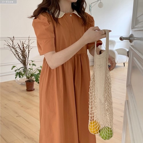 코코미 둥근카라 배색 코튼 롱원피스 여름 루즈핏
