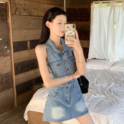 여성 데님 민소매 카라 크롭 조끼 여름 캐주얼 스타일