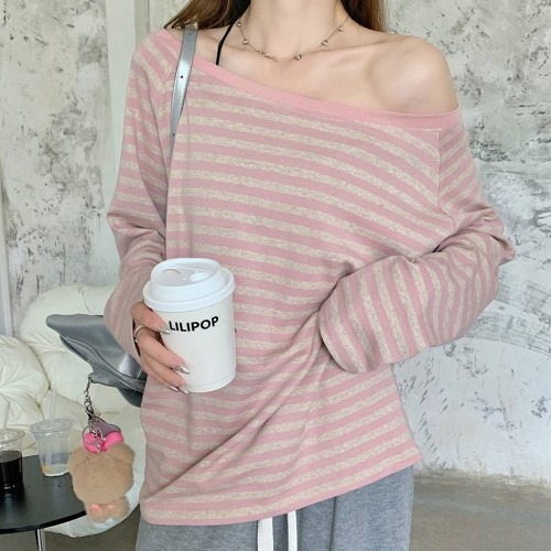 박시 오프 숄더 스트라이프 티 루즈핏 긴팔