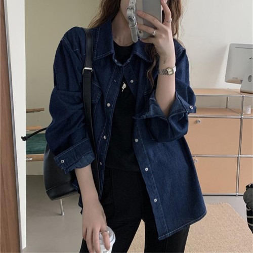 레토 데님 오버핏 카라넥 하프 자켓 셔츠로 가을을 스타일리시하게